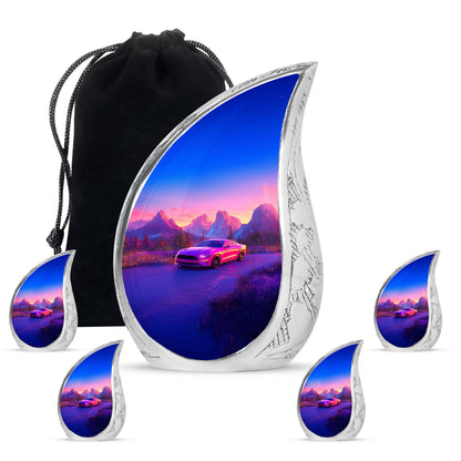 Blush Pink Car Cremation Urn side profile showing urn shape - flowing teardrop car silhouette on curved aluminum - memorial set with one large and four small urns