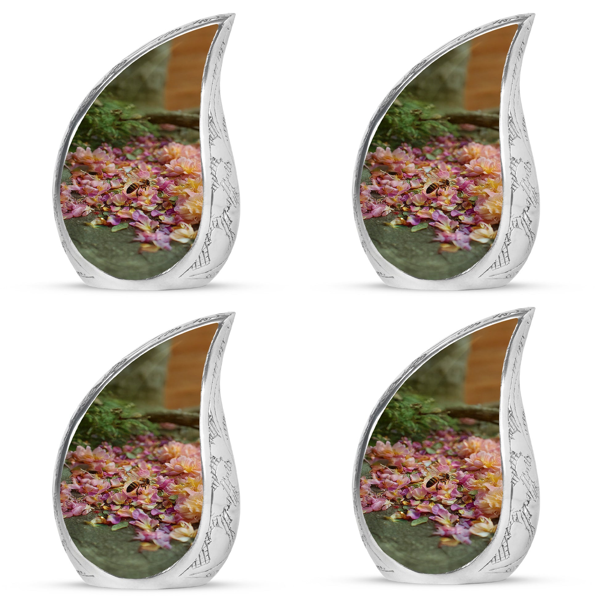 Sunrise Gold Bee Cremation Urn close-up of engraving and surface detail - rounded teardrop bee design with delicate detail - 10 inch aluminum urn for cremated remains