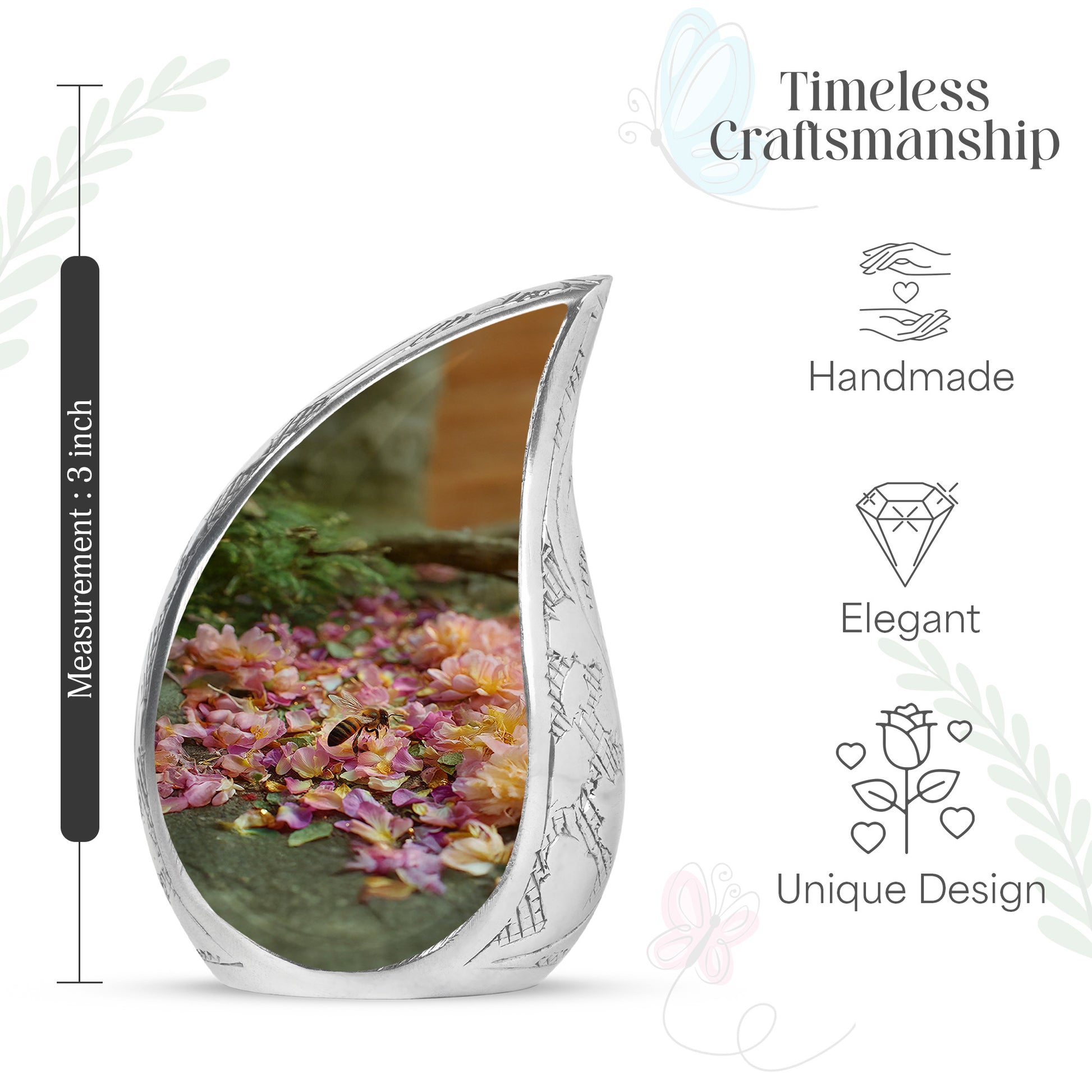 Antique Gold Bee Cremation Urn angled view of lid and engraved motif - flowing teardrop bee silhouette on curved aluminum - mini keepsake memorial for portion of cremation ashes