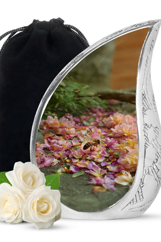 Warm Gold Bee Cremation Urn front view showing detailed design - graceful tear-shaped urn with bee motif - full-size 10 inch 200 cubic inch adult cremation urn