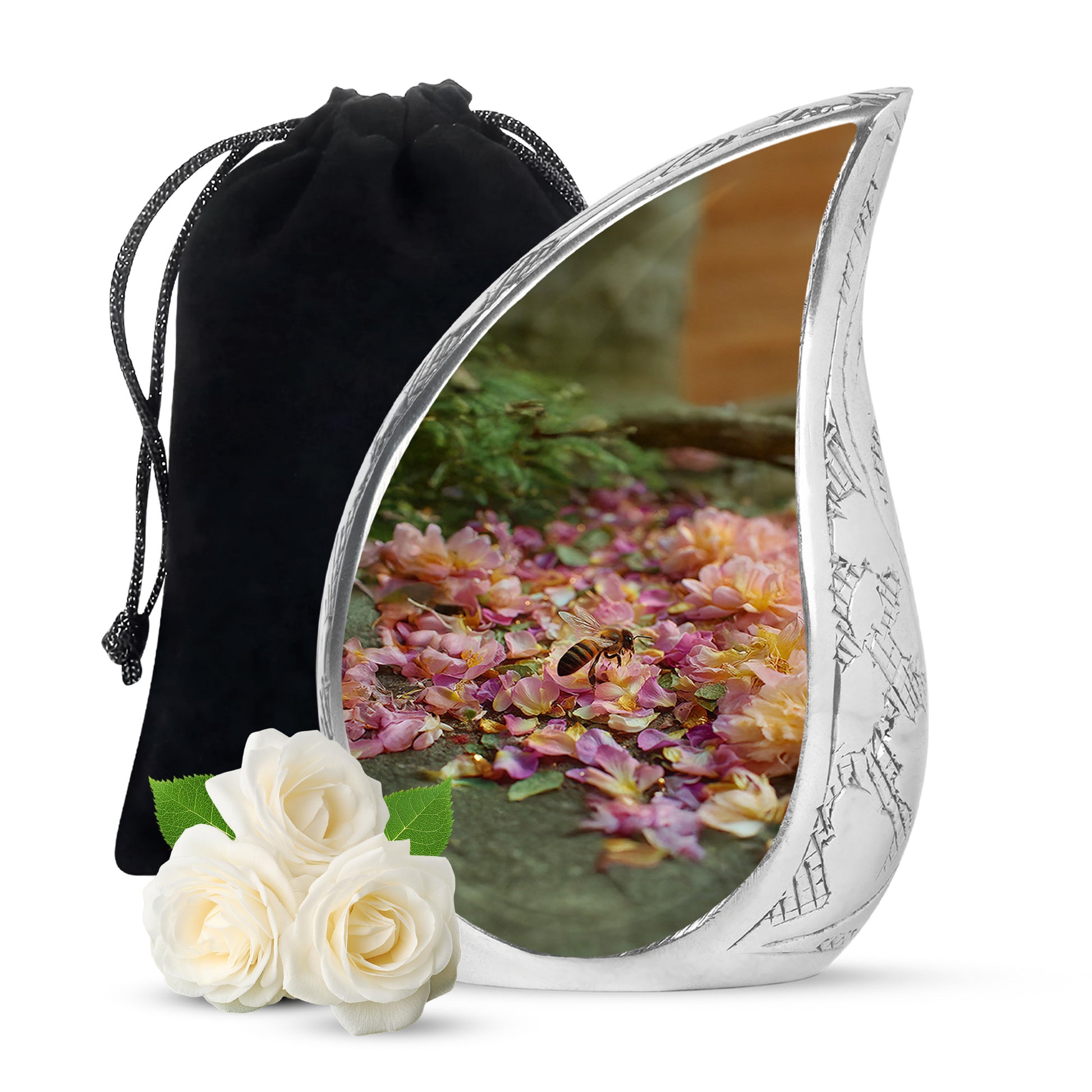 Warm Gold Bee Cremation Urn front view showing detailed design - graceful tear-shaped urn with bee motif - full-size 10 inch 200 cubic inch adult cremation urn