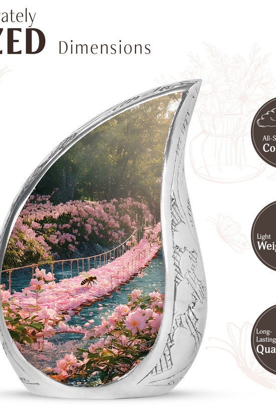 Sunrise Gold Bee Cremation Urn angled view of lid and engraved motif - rounded teardrop bee design with delicate detail - mini keepsake memorial for portion of cremation ashes