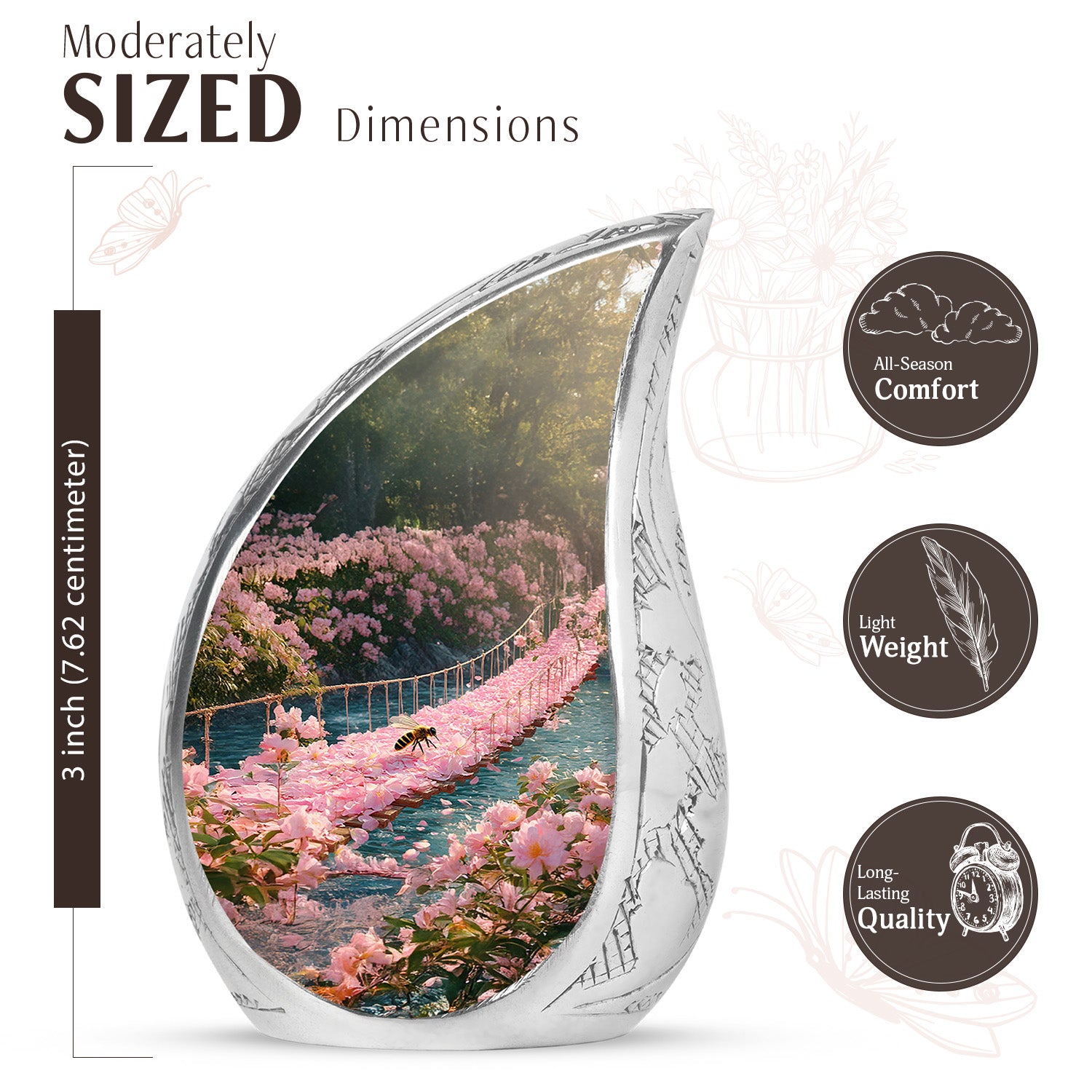 Sunrise Gold Bee Cremation Urn angled view of lid and engraved motif - rounded teardrop bee design with delicate detail - mini keepsake memorial for portion of cremation ashes