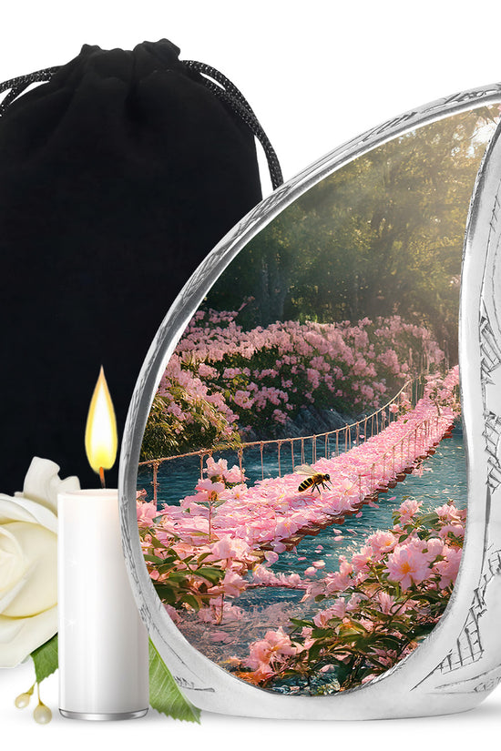Harvest Gold Bee Cremation Urn front view showing detailed design - graceful tear-shaped urn with bee motif - full-size 10 inch 200 cubic inch adult cremation urn