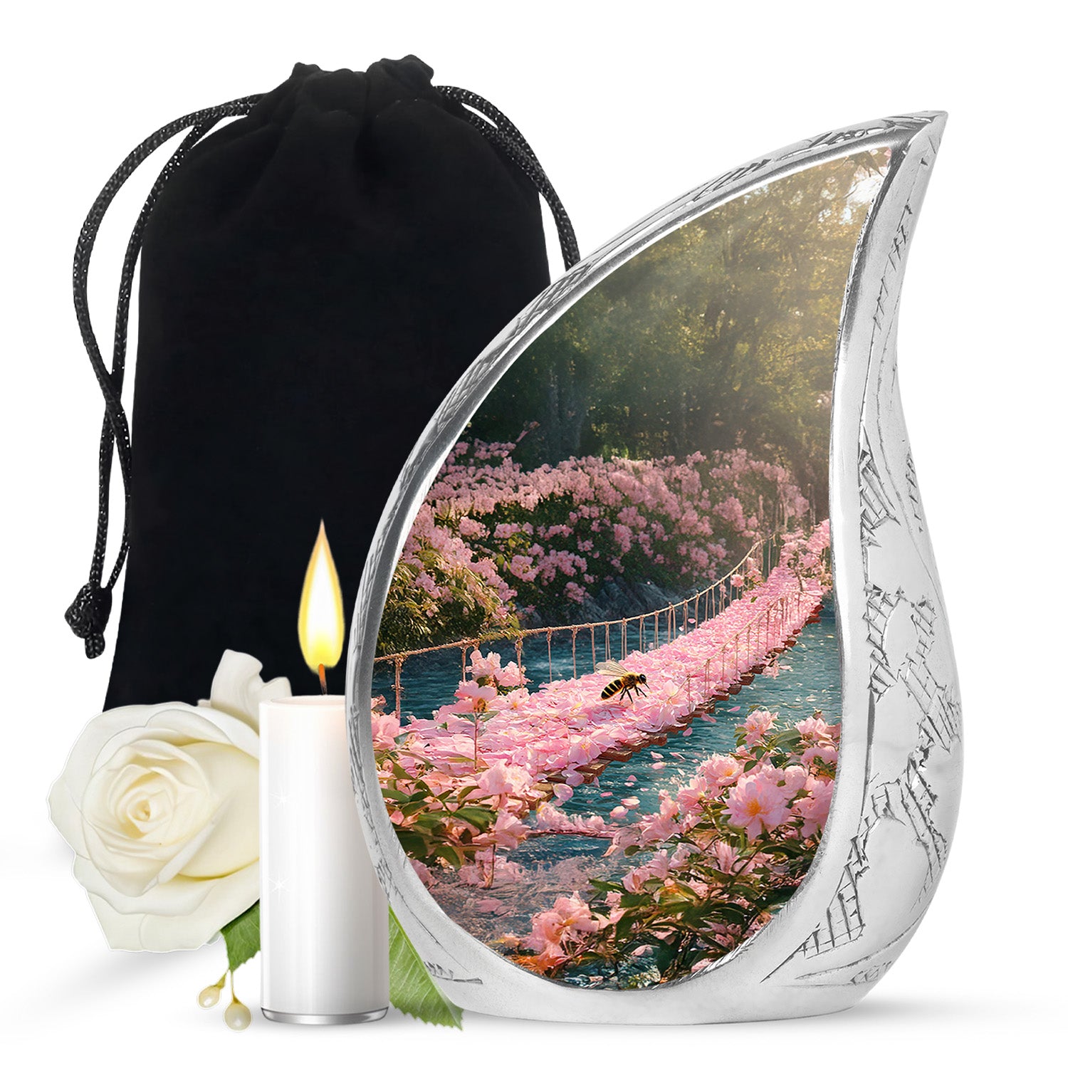 Harvest Gold Bee Cremation Urn front view showing detailed design - graceful tear-shaped urn with bee motif - full-size 10 inch 200 cubic inch adult cremation urn