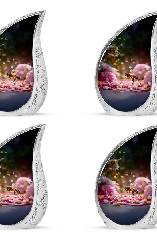Burnished Gold Bee Cremation Urn close-up of engraving and surface detail - smooth teardrop contour featuring bee art - 10 inch aluminum urn for cremated remains