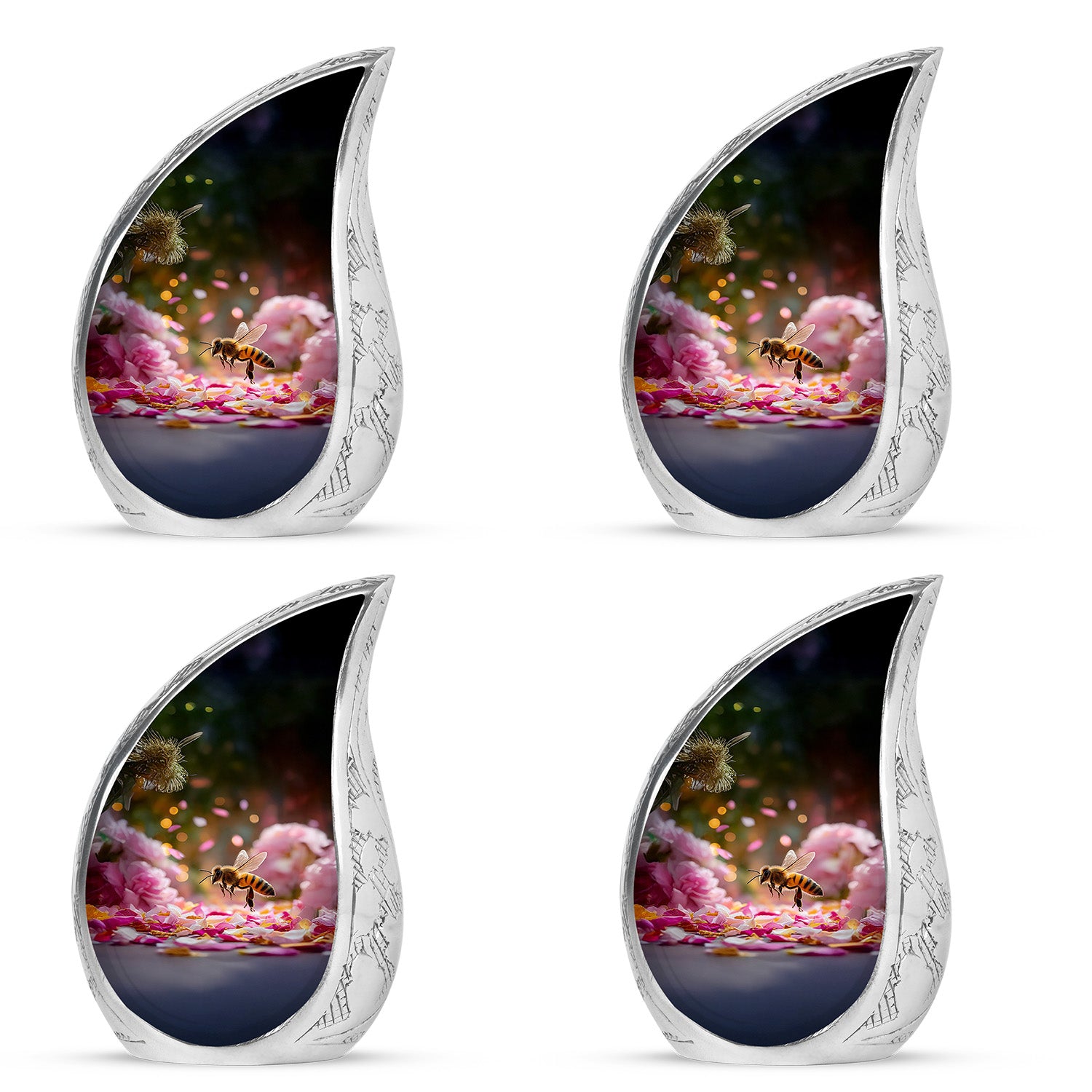 Burnished Gold Bee Cremation Urn close-up of engraving and surface detail - smooth teardrop contour featuring bee art - 10 inch aluminum urn for cremated remains