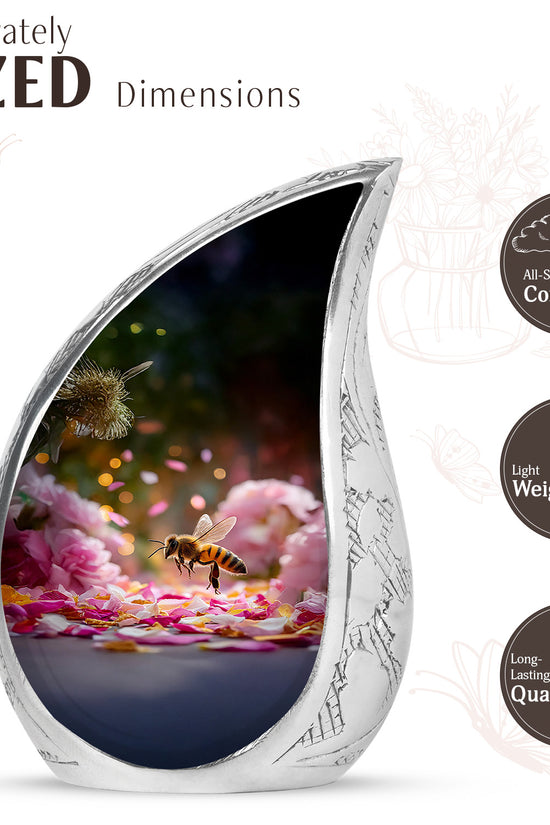 Sunrise Gold Bee Cremation Urn angled view of lid and engraved motif - rounded teardrop bee design with delicate detail - mini keepsake memorial for portion of cremation ashes