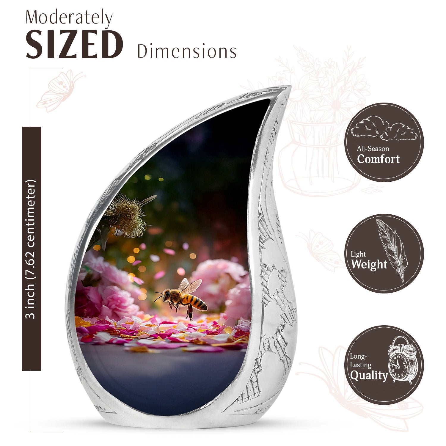 Sunrise Gold Bee Cremation Urn angled view of lid and engraved motif - rounded teardrop bee design with delicate detail - mini keepsake memorial for portion of cremation ashes