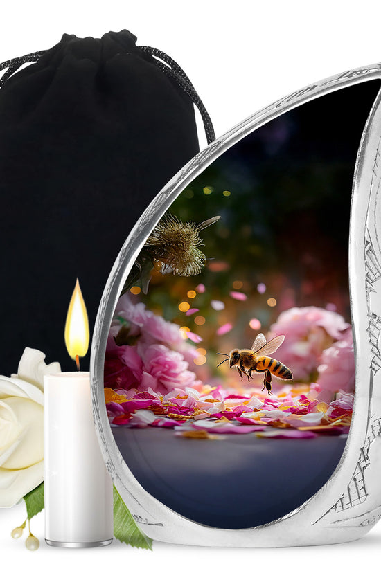 Matte Gold Bee Cremation Urn front view showing detailed design - smooth teardrop contour featuring bee art - full-size 10 inch 200 cubic inch adult cremation urn