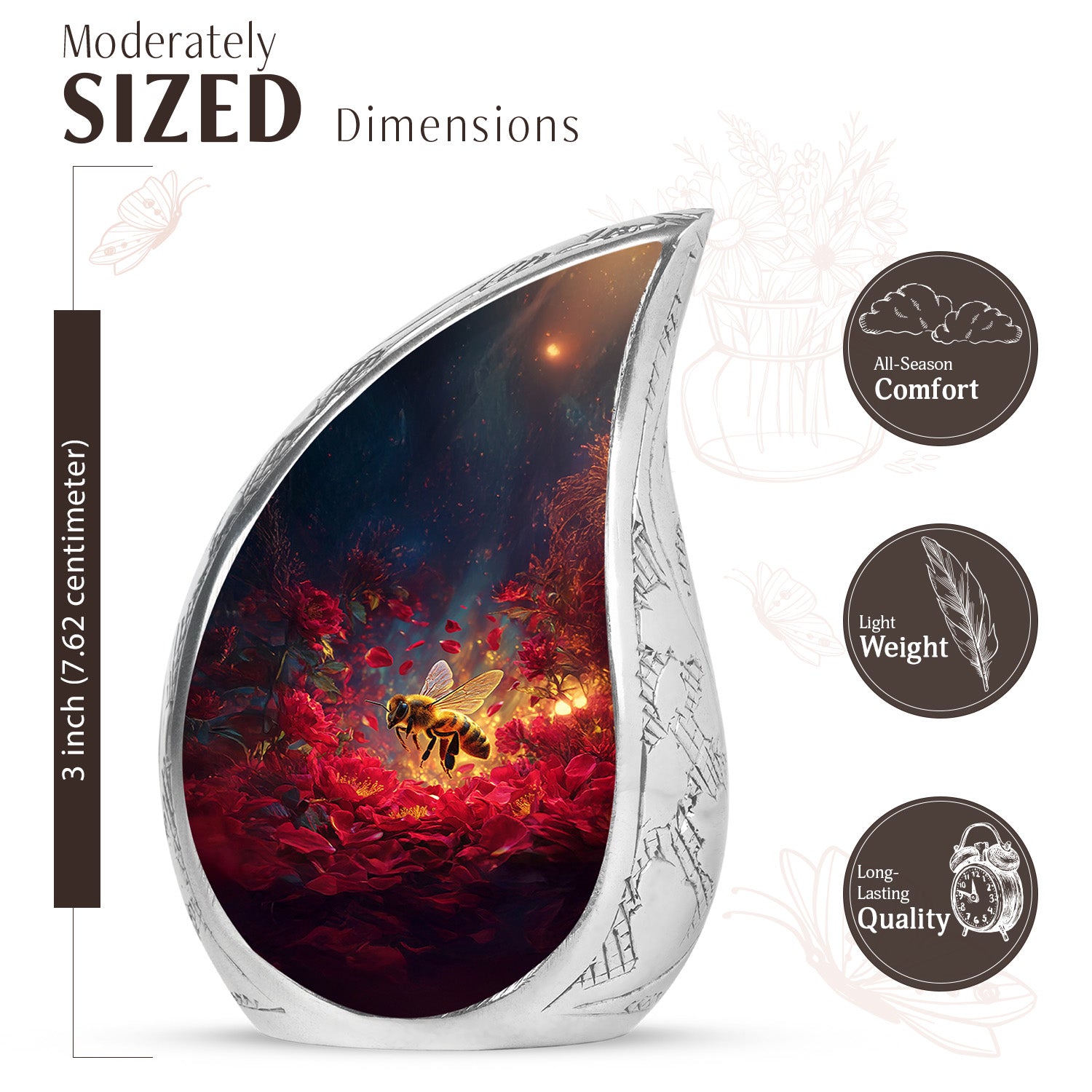 Dusty Pink Bee Cremation Urn angled view of lid and engraved motif - graceful tear-shaped urn with bee motif - mini keepsake memorial for portion of cremation ashes