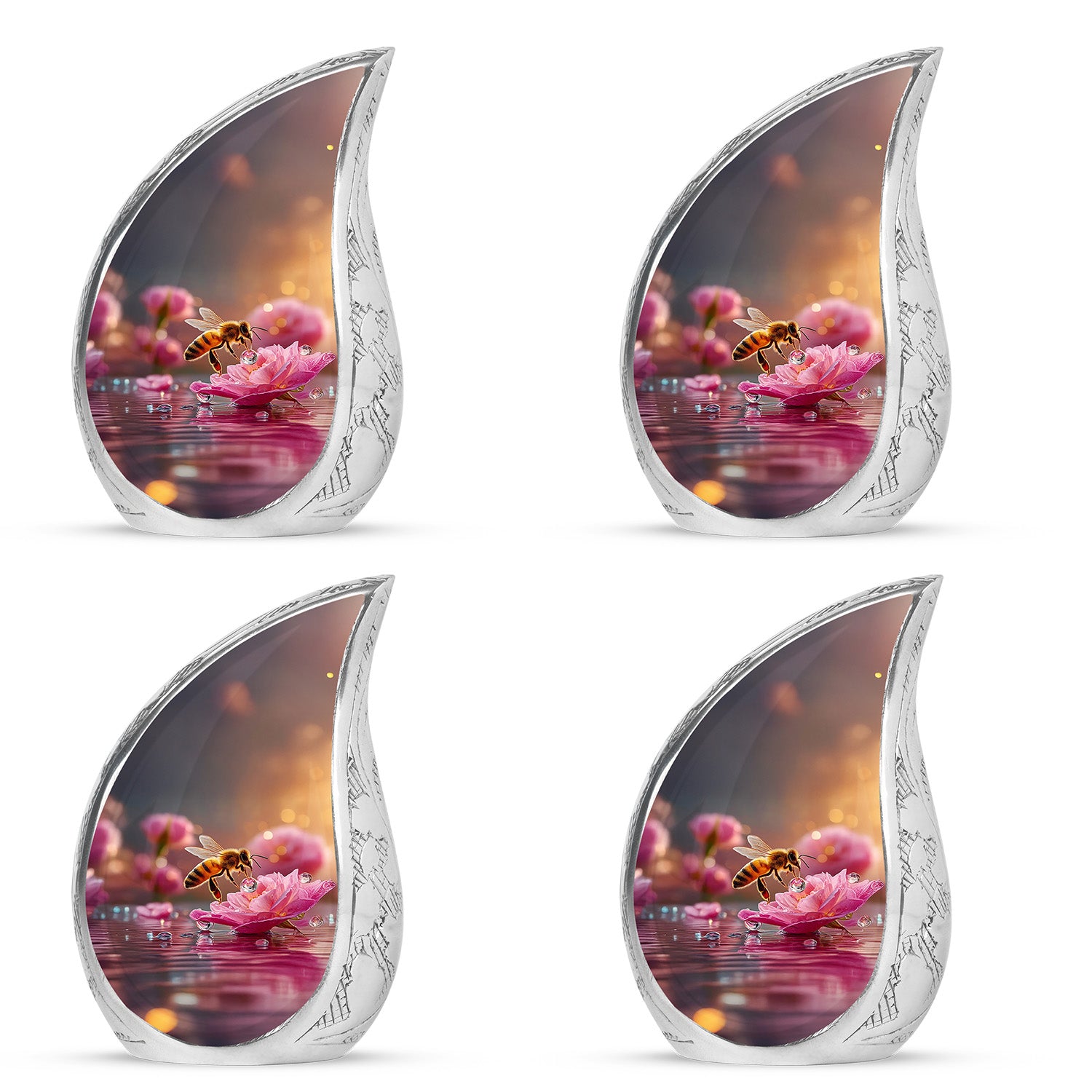 Sunrise Gold Bee Cremation Urn close-up of engraving and surface detail - rounded teardrop bee design with delicate detail - 10 inch aluminum urn for cremated remains