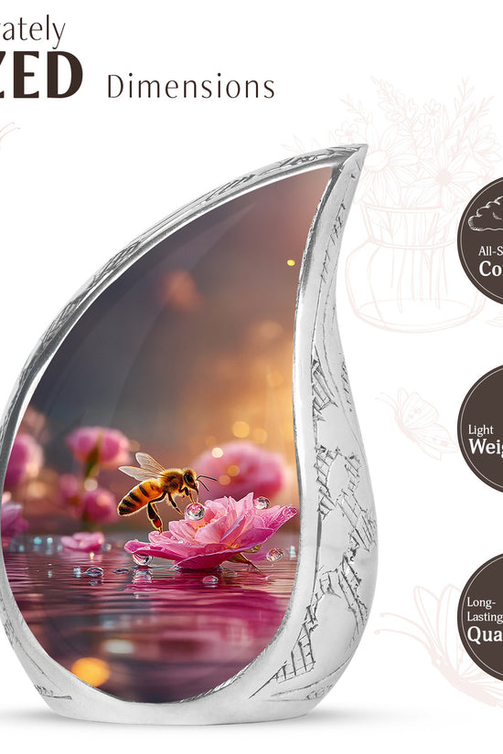 Royal Gold Bee Cremation Urn angled view of lid and engraved motif - graceful tear-shaped urn with bee motif - mini keepsake memorial for portion of cremation ashes