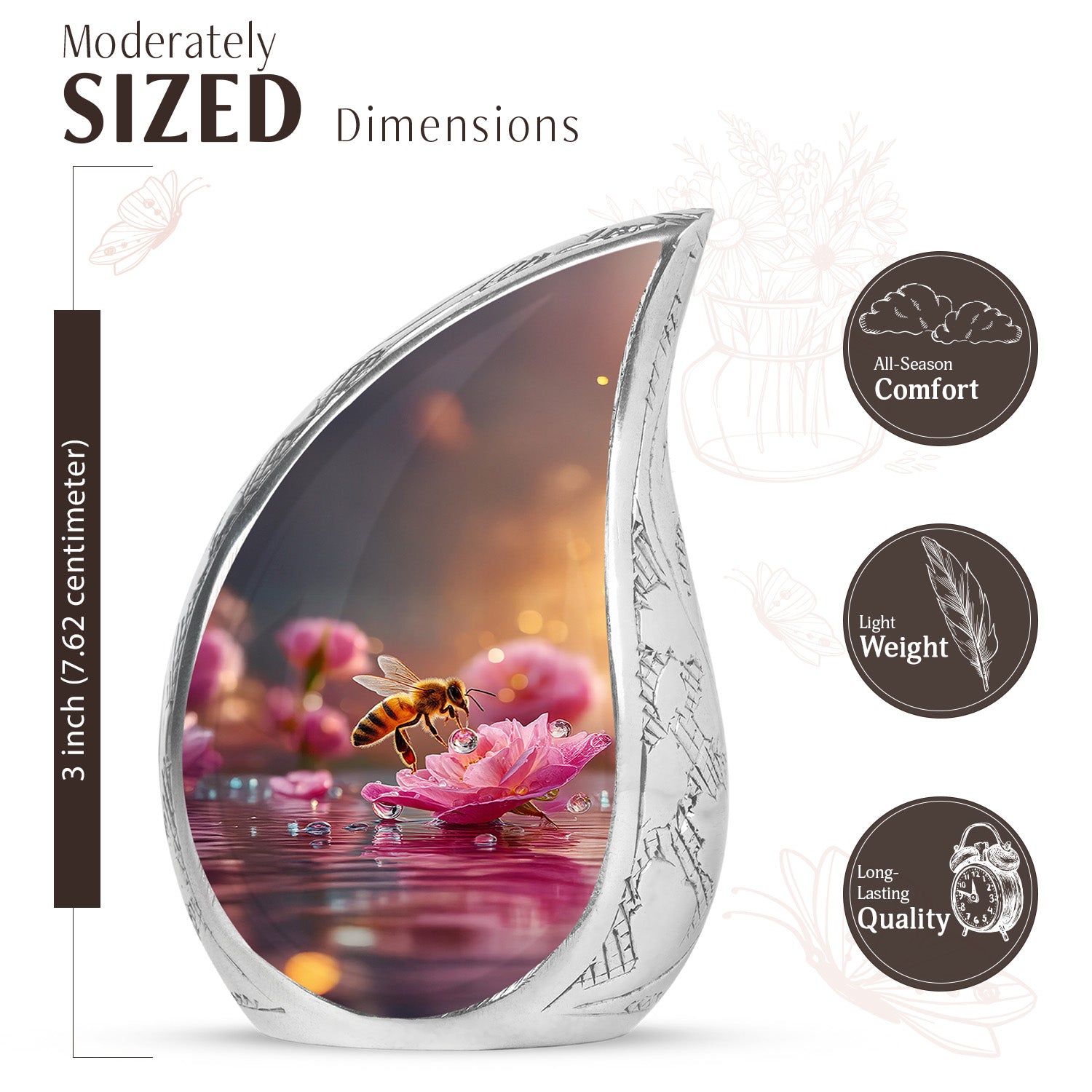 Royal Gold Bee Cremation Urn angled view of lid and engraved motif - graceful tear-shaped urn with bee motif - mini keepsake memorial for portion of cremation ashes