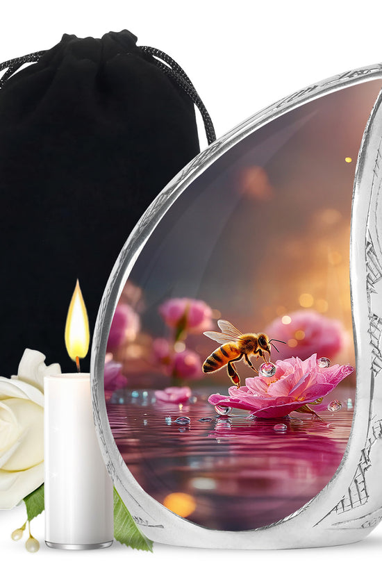 Champagne Gold Bee Cremation Urn front view showing detailed design - rounded teardrop bee design with delicate detail - full-size 10 inch 200 cubic inch adult cremation urn