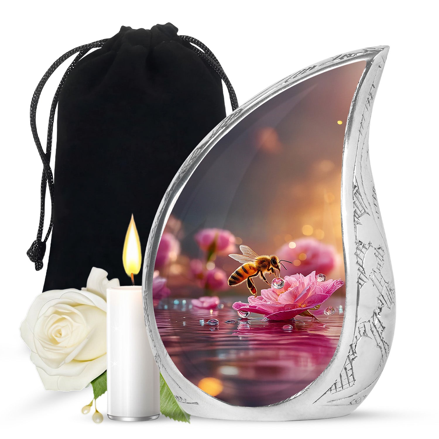 Champagne Gold Bee Cremation Urn front view showing detailed design - rounded teardrop bee design with delicate detail - full-size 10 inch 200 cubic inch adult cremation urn