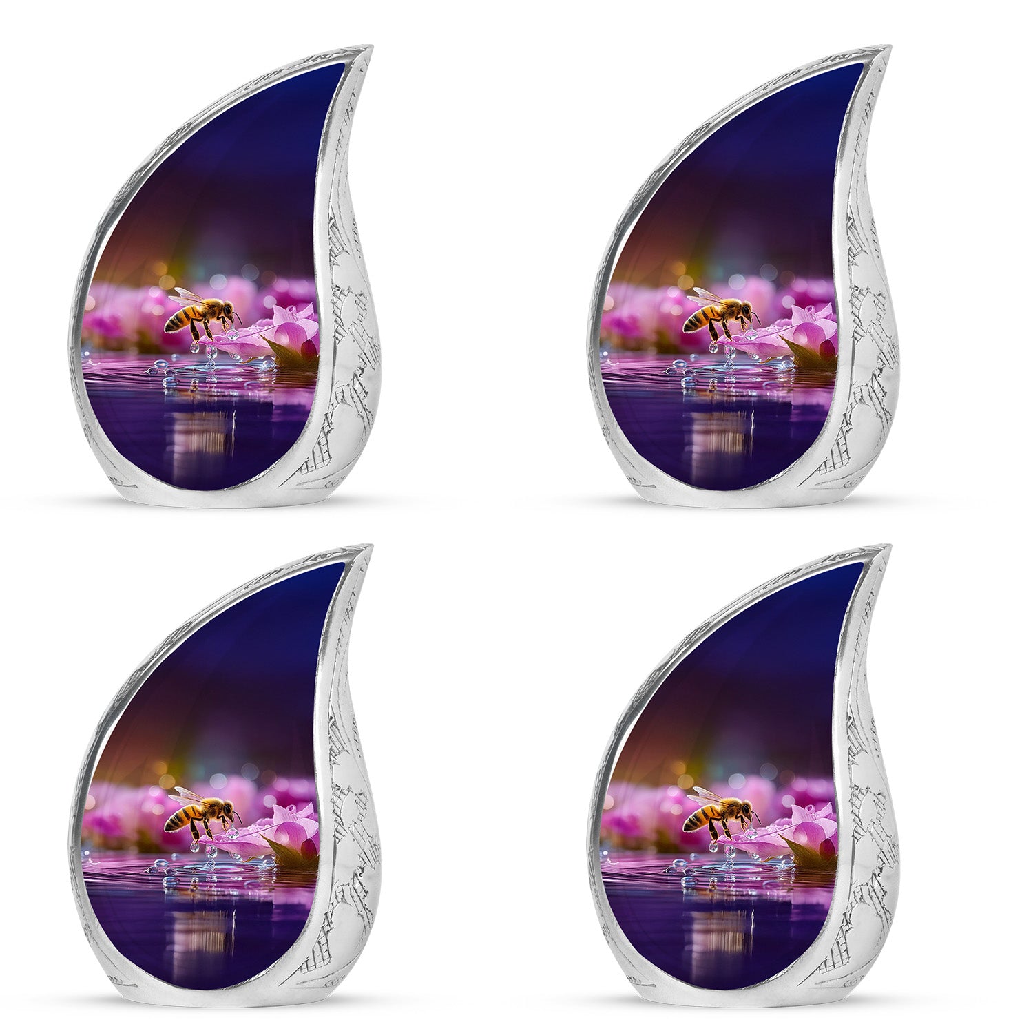 Ruby Red Bee Cremation Urn close-up of engraving and surface detail - smooth teardrop contour featuring bee art - 10 inch aluminum urn for cremated remains