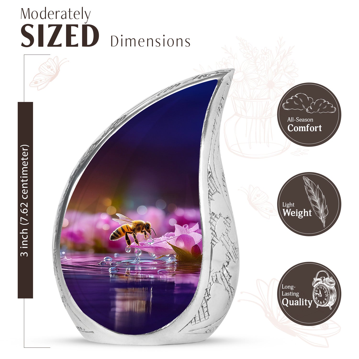 Fiery Red Bee Cremation Urn angled view of lid and engraved motif - graceful tear-shaped urn with bee motif - mini keepsake memorial for portion of cremation ashes