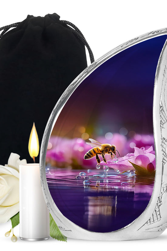 Scarlet Red Bee Cremation Urn front view showing detailed design - graceful tear-shaped urn with bee motif - full-size 10 inch 200 cubic inch adult cremation urn