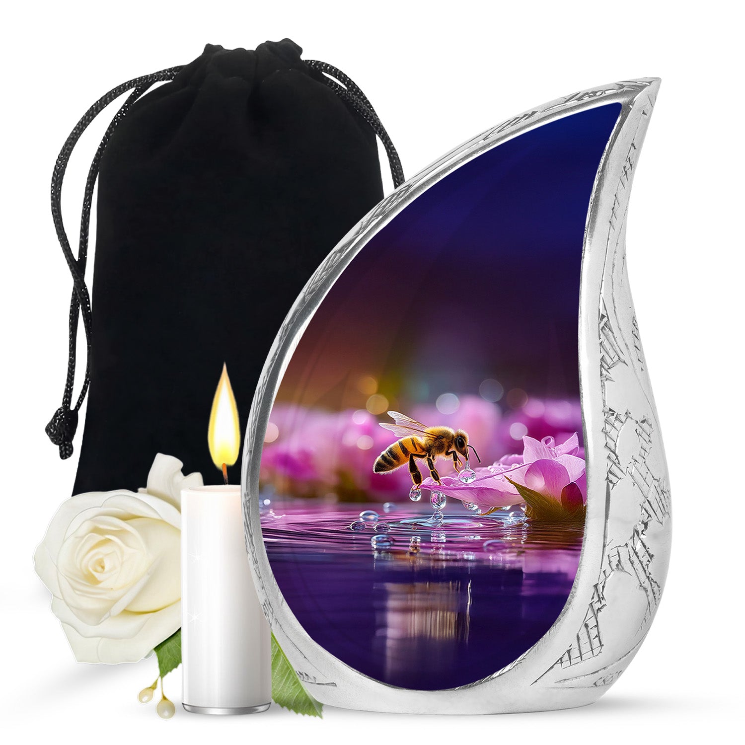 Scarlet Red Bee Cremation Urn front view showing detailed design - graceful tear-shaped urn with bee motif - full-size 10 inch 200 cubic inch adult cremation urn