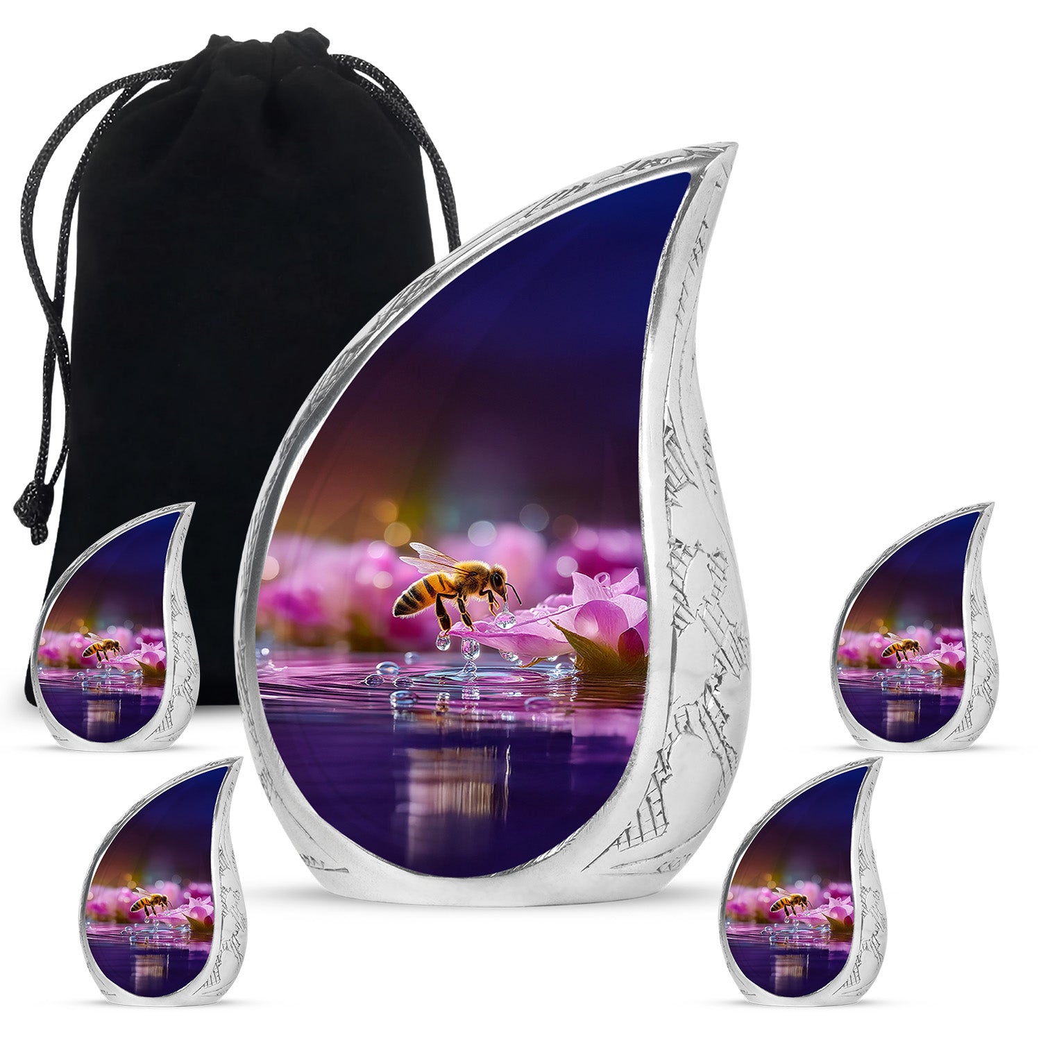Wine Red Bee Cremation Urn side profile showing urn shape - flowing teardrop bee silhouette on curved aluminum - memorial set with one large and four small urns