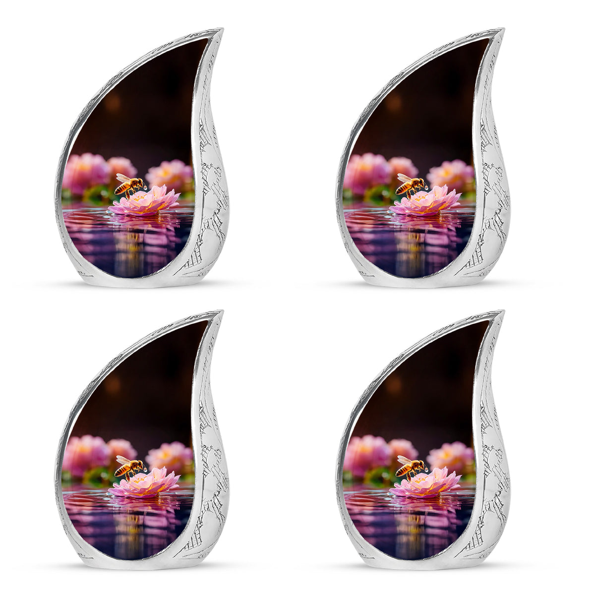 Dark Black Bee Cremation Urn close-up of engraving and surface detail - graceful tear-shaped urn with bee motif - 10 inch aluminum urn for cremated remains