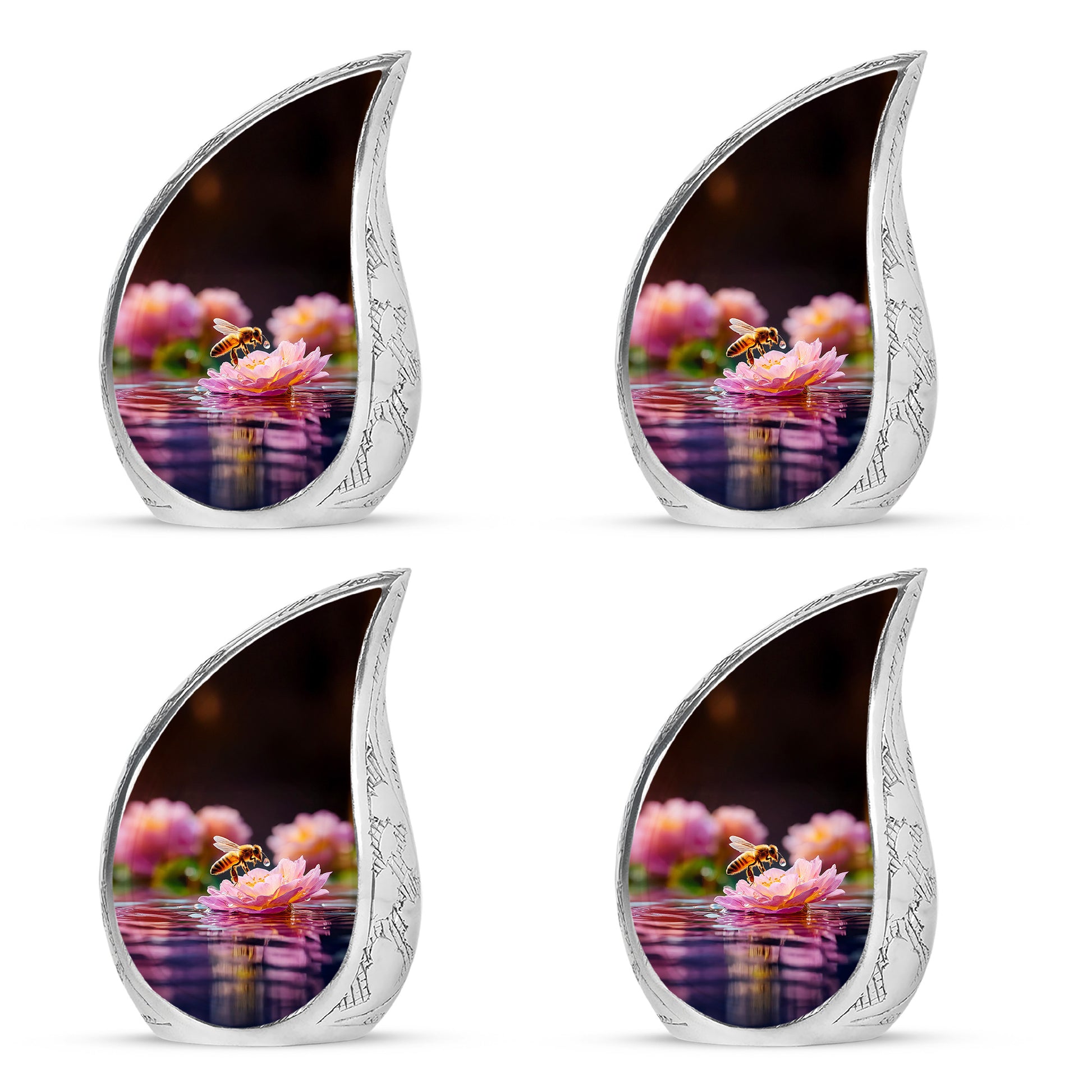 Dark Black Bee Cremation Urn close-up of engraving and surface detail - graceful tear-shaped urn with bee motif - 10 inch aluminum urn for cremated remains