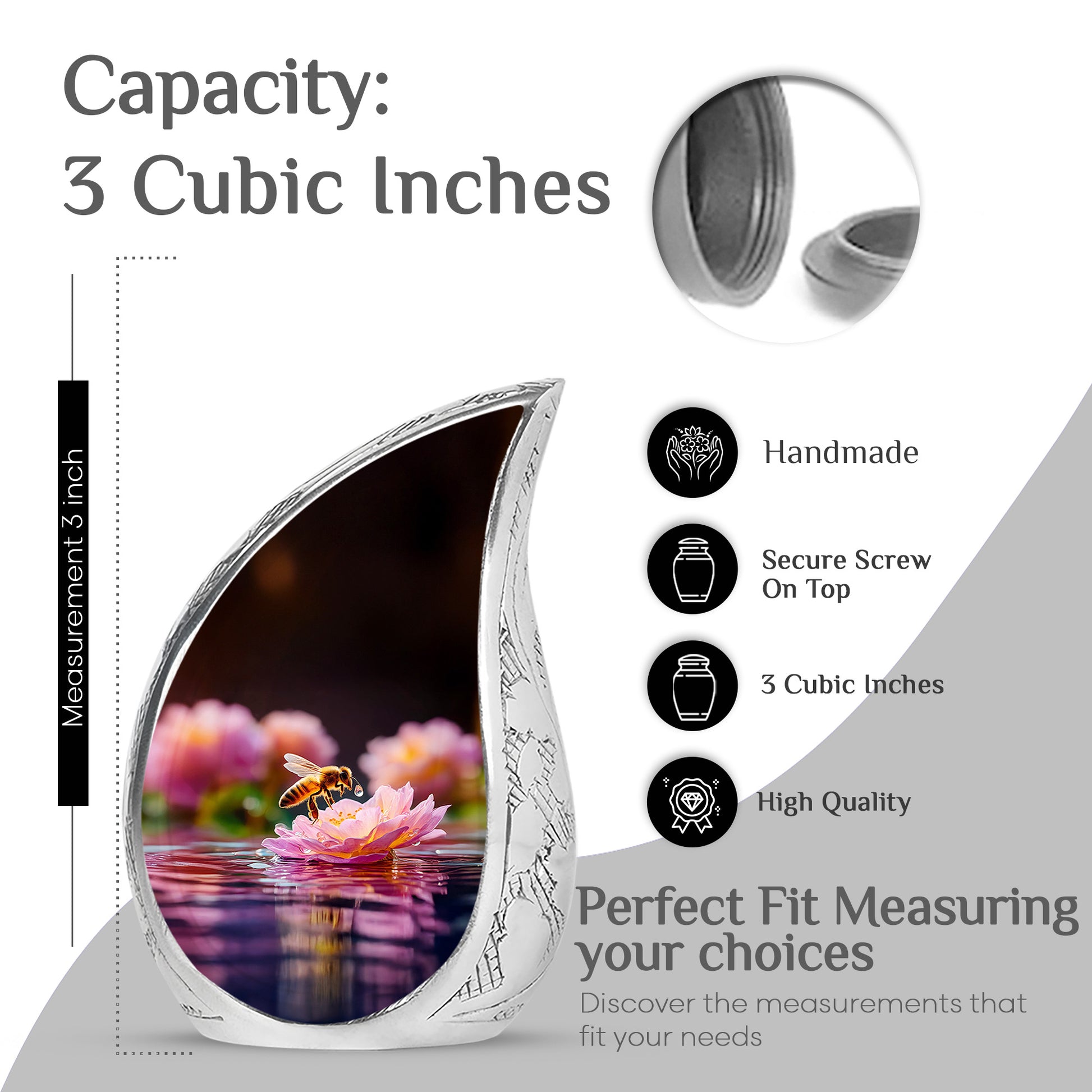 Jet Black Bee Cremation Urn angled view of lid and engraved motif - flowing teardrop bee silhouette on curved aluminum - mini keepsake memorial for portion of cremation ashes