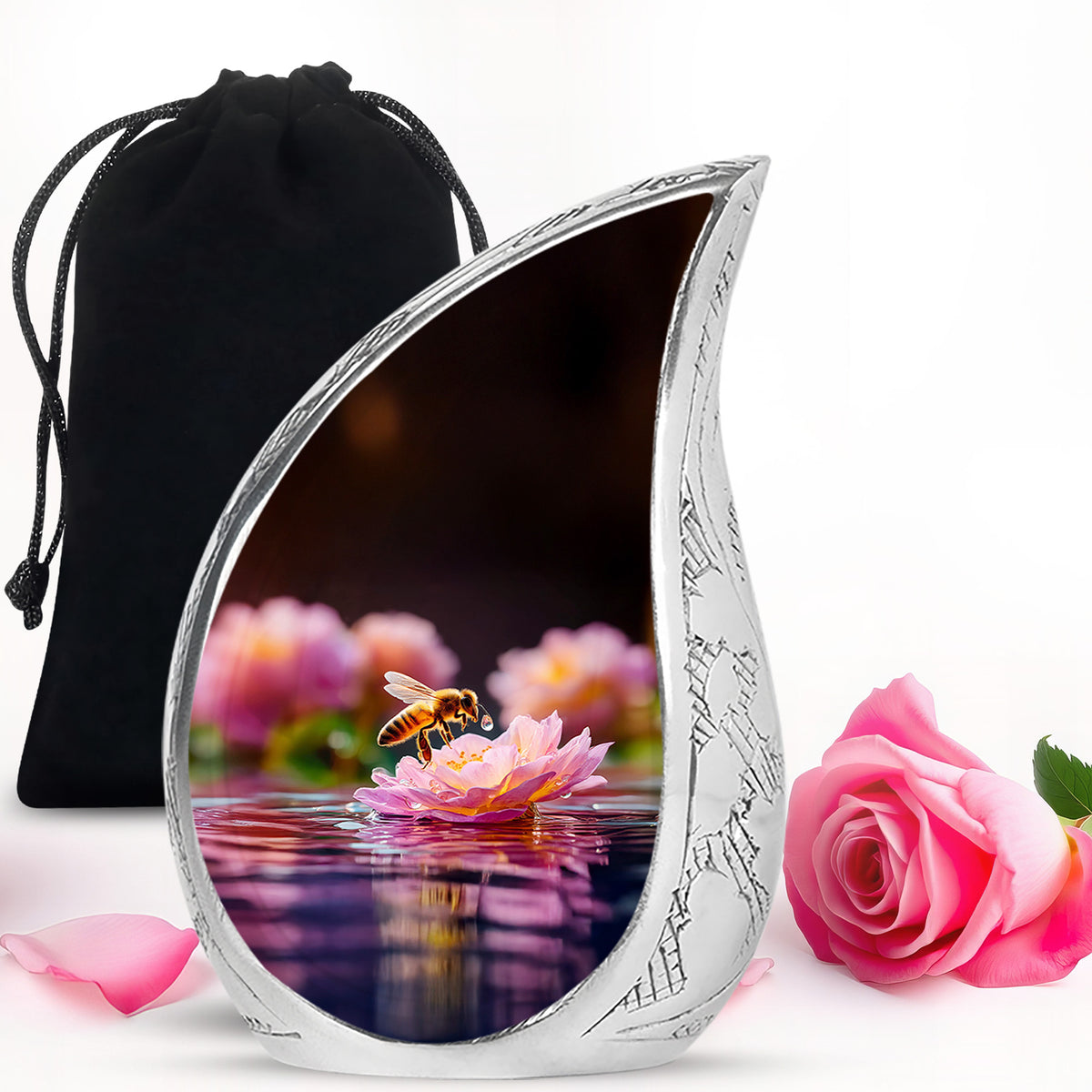 Rich Black Bee Cremation Urn front view showing detailed design - flowing teardrop bee silhouette on curved aluminum - full-size 10 inch 200 cubic inch adult cremation urn
