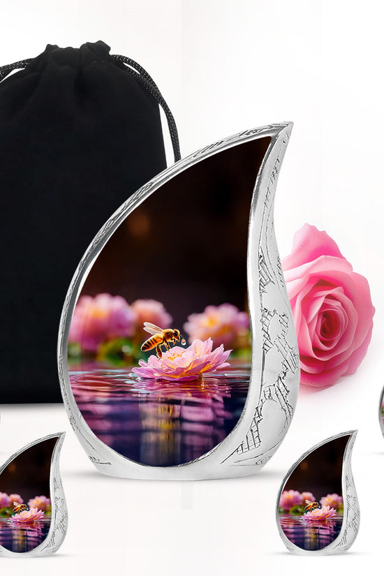 Midnight Black Bee Cremation Urn side profile showing urn shape - smooth teardrop contour featuring bee art - memorial set with one large and four small urns