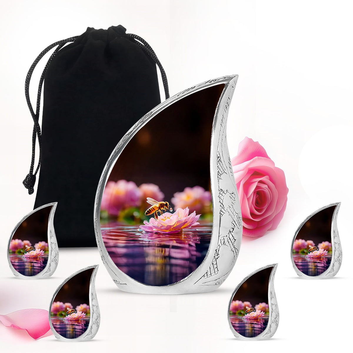 Midnight Black Bee Cremation Urn side profile showing urn shape - smooth teardrop contour featuring bee art - memorial set with one large and four small urns