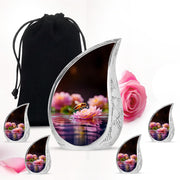 Midnight Black Bee Cremation Urn side profile showing urn shape - smooth teardrop contour featuring bee art - memorial set with one large and four small urns
