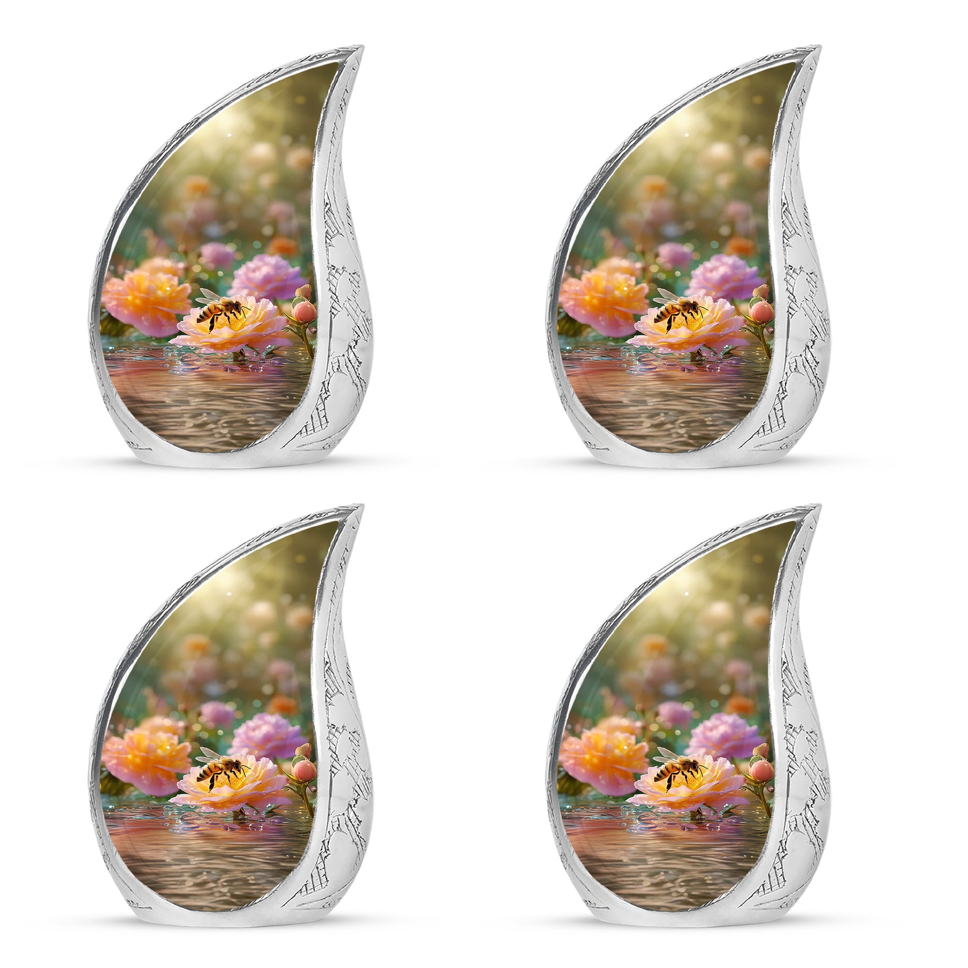 Amber Gold Bee Cremation Urn close-up of engraving and surface detail - rounded teardrop bee design with delicate detail - 10 inch aluminum urn for cremated remains