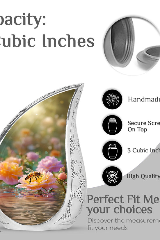 Amber Gold Bee Cremation Urn angled view of lid and engraved motif - rounded teardrop bee design with delicate detail - mini keepsake memorial for portion of cremation ashes