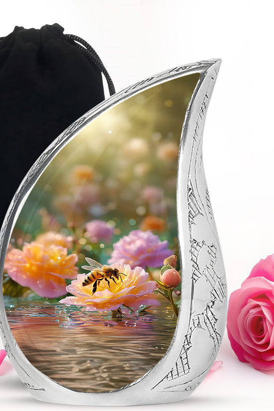 Matte Gold Bee Cremation Urn front view showing detailed design - smooth teardrop contour featuring bee art - full-size 10 inch 200 cubic inch adult cremation urn