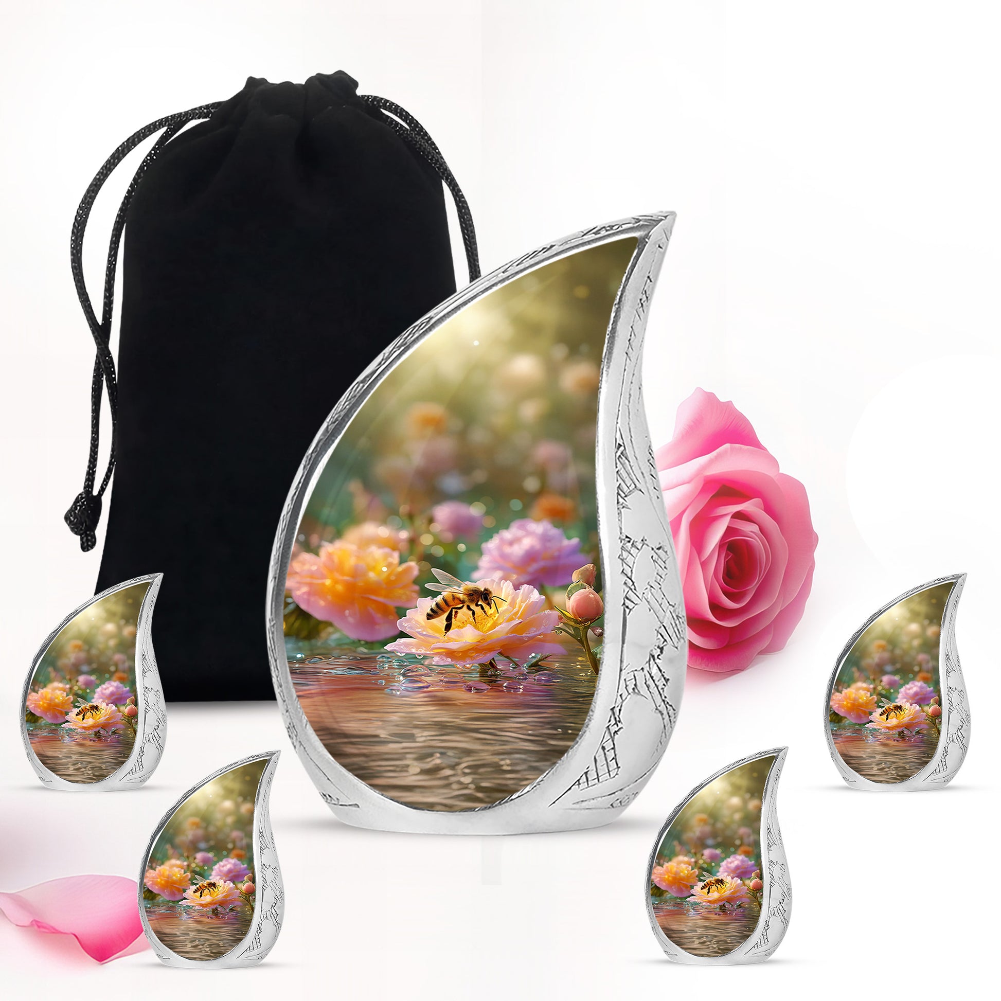 Amber Gold Bee Cremation Urn side profile showing urn shape - flowing teardrop bee silhouette on curved aluminum - memorial set with one large and four small urns