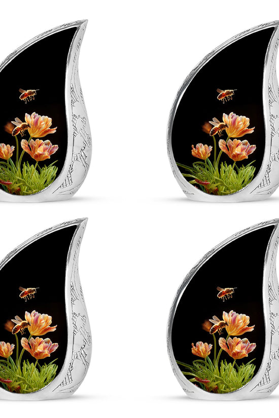 Rich Black Bee Cremation Urn close-up of engraving and surface detail - rounded teardrop bee design with delicate detail - 10 inch aluminum urn for cremated remains
