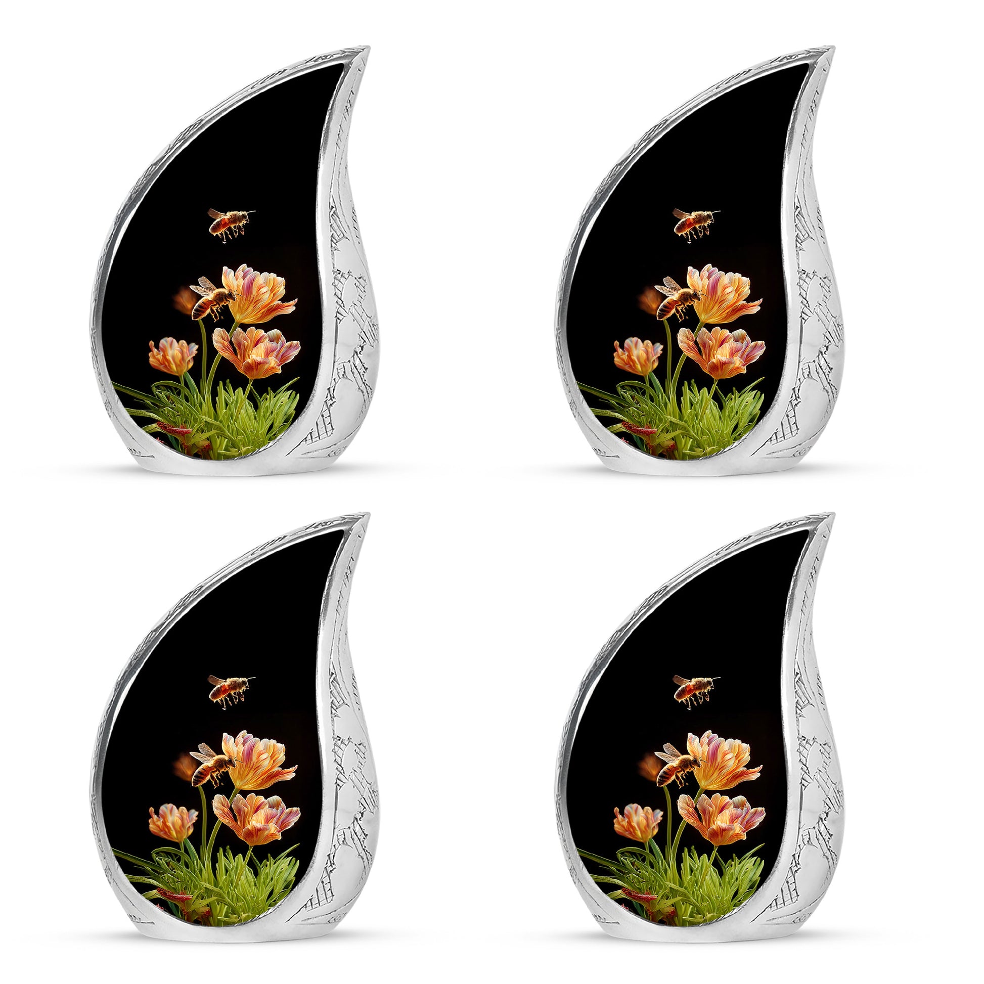 Rich Black Bee Cremation Urn close-up of engraving and surface detail - rounded teardrop bee design with delicate detail - 10 inch aluminum urn for cremated remains