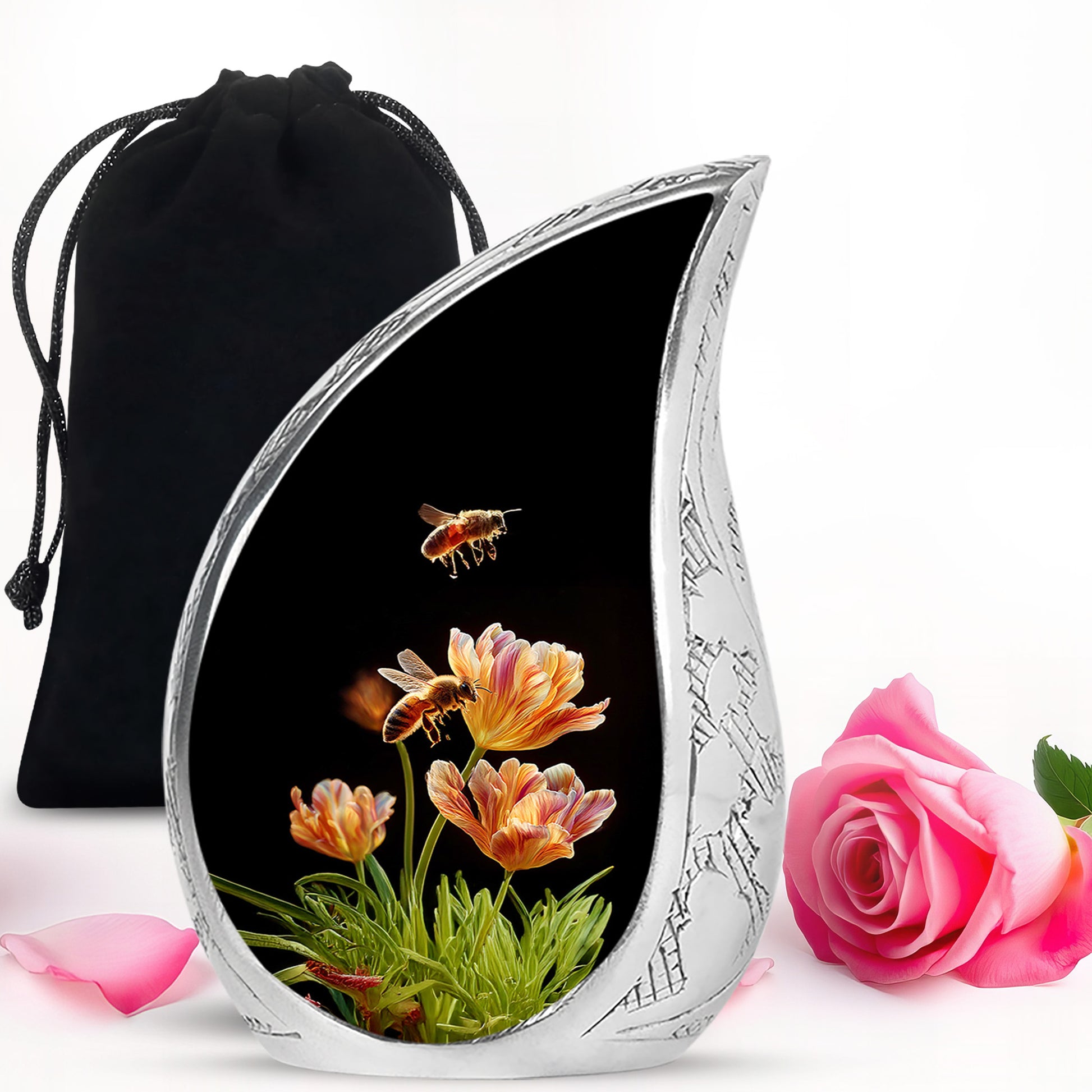 Glossy Black Bee Cremation Urn front view showing detailed design - rounded teardrop bee design with delicate detail - full-size 10 inch 200 cubic inch adult cremation urn