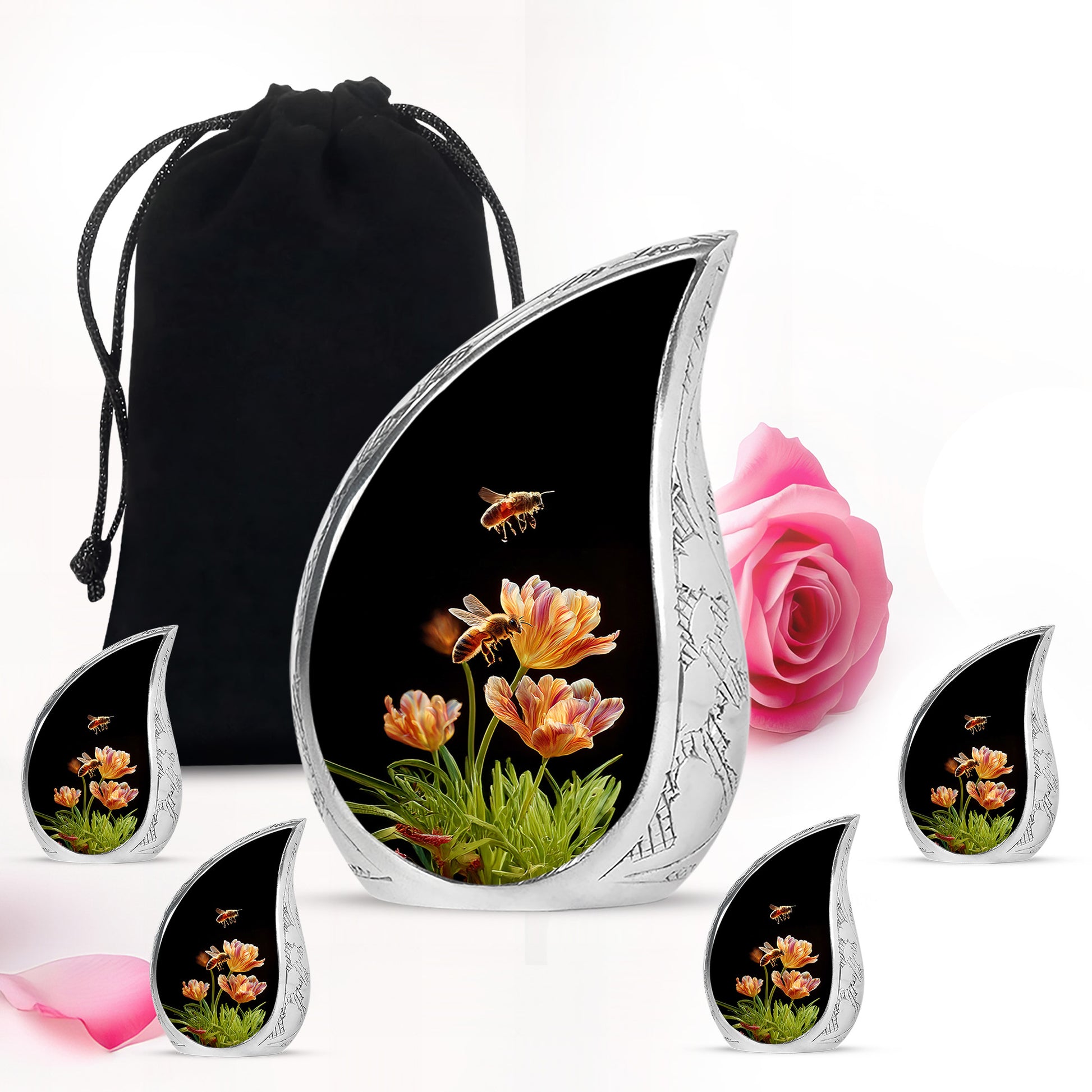 Obsidian Black Bee Cremation Urn side profile showing urn shape - smooth teardrop contour featuring bee art - memorial set with one large and four small urns