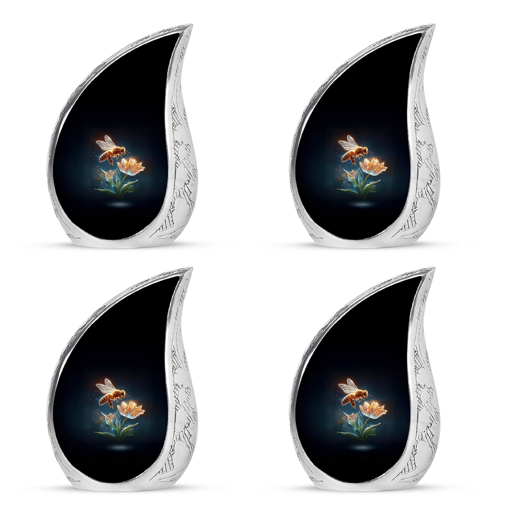 Ebony Bee Cremation Urn close-up of engraving and surface detail - flowing teardrop bee silhouette on curved aluminum - 10 inch aluminum urn for cremated remains