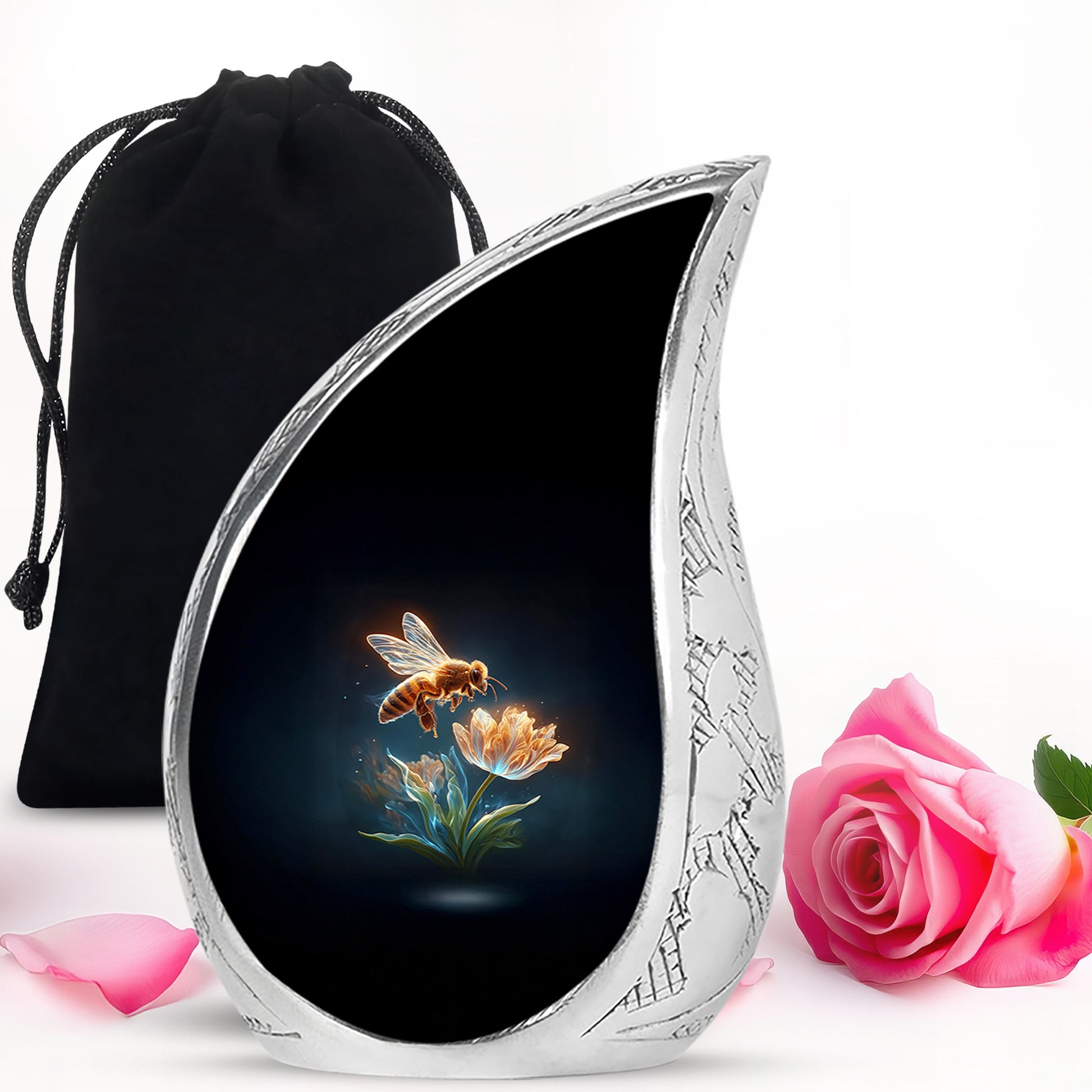 Rich Black Bee Cremation Urn front view showing detailed design - flowing teardrop bee silhouette on curved aluminum - full-size 10 inch 200 cubic inch adult cremation urn
