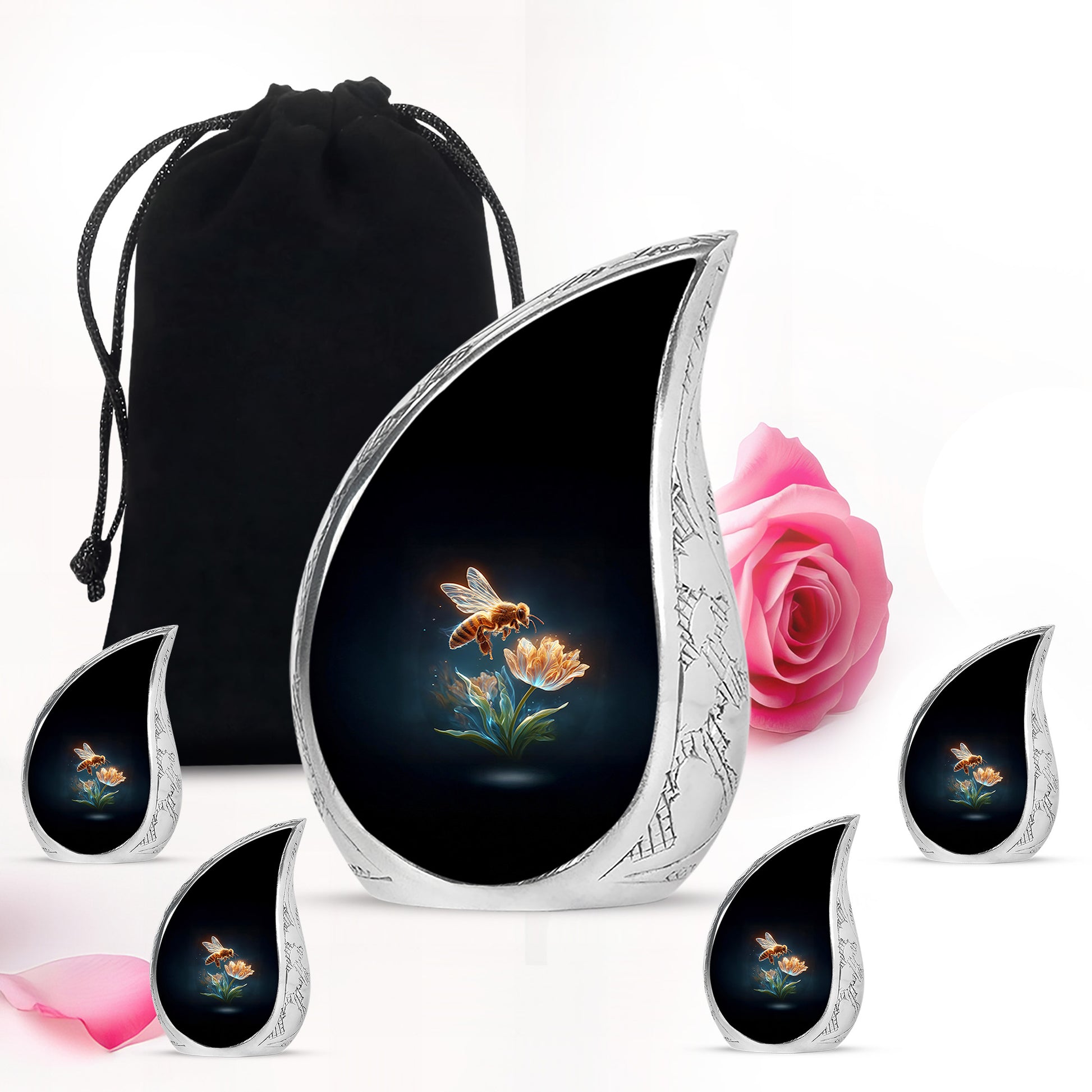 Onyx Black Bee Cremation Urn side profile showing urn shape - graceful tear-shaped urn with bee motif - memorial set with one large and four small urns