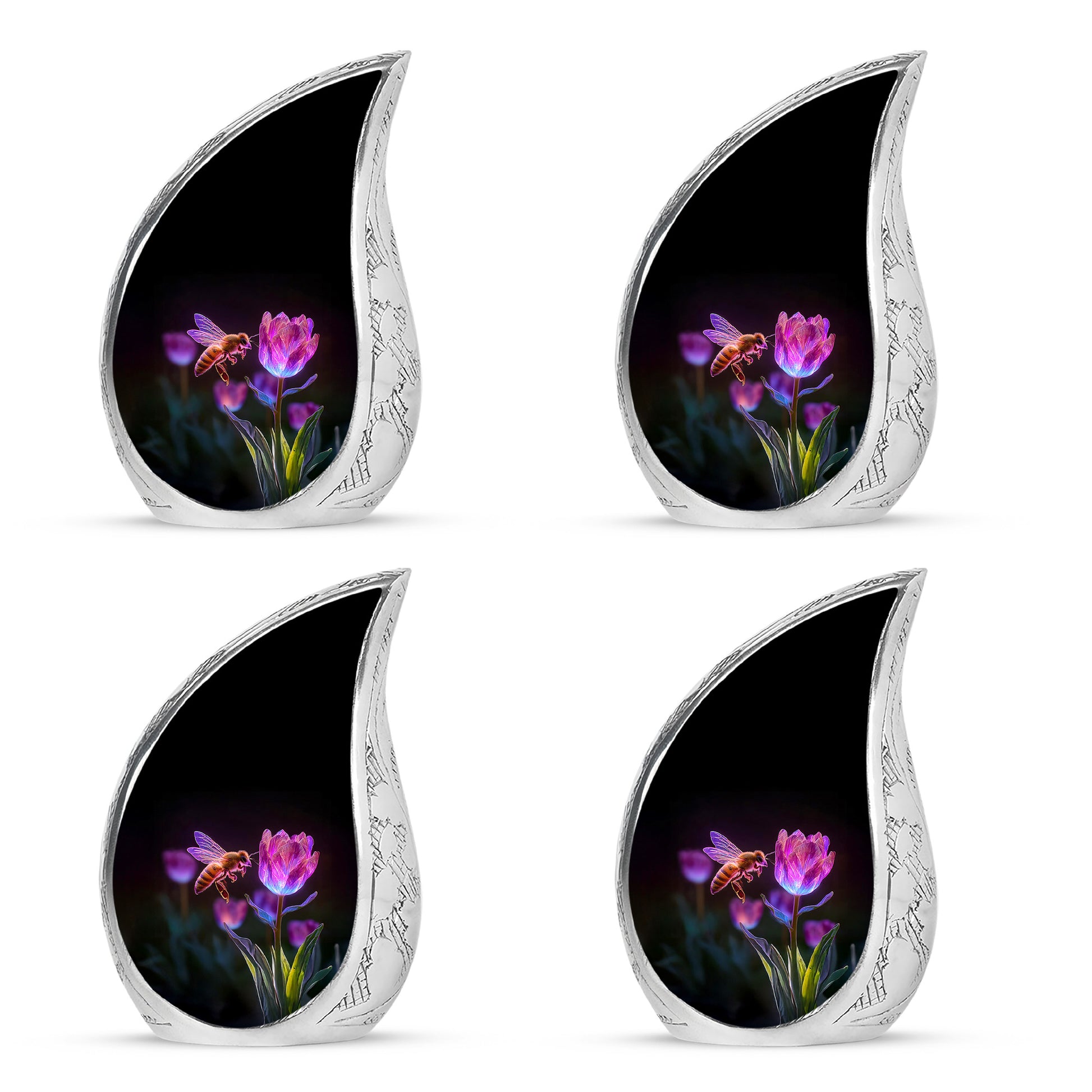 Charcoal Black Bee Cremation Urn close-up of engraving and surface detail - smooth teardrop contour featuring bee art - 10 inch aluminum urn for cremated remains
