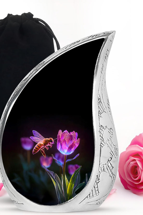 Obsidian Black Bee Cremation Urn front view showing detailed design - graceful tear-shaped urn with bee motif - full-size 10 inch 200 cubic inch adult cremation urn