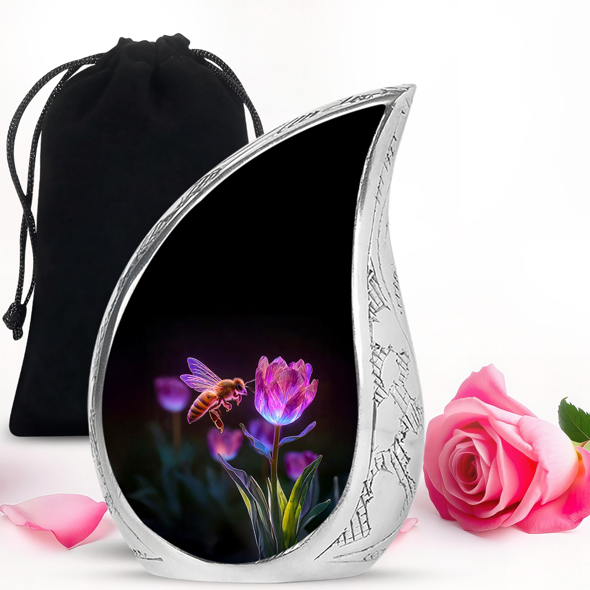 Obsidian Black Bee Cremation Urn front view showing detailed design - graceful tear-shaped urn with bee motif - full-size 10 inch 200 cubic inch adult cremation urn