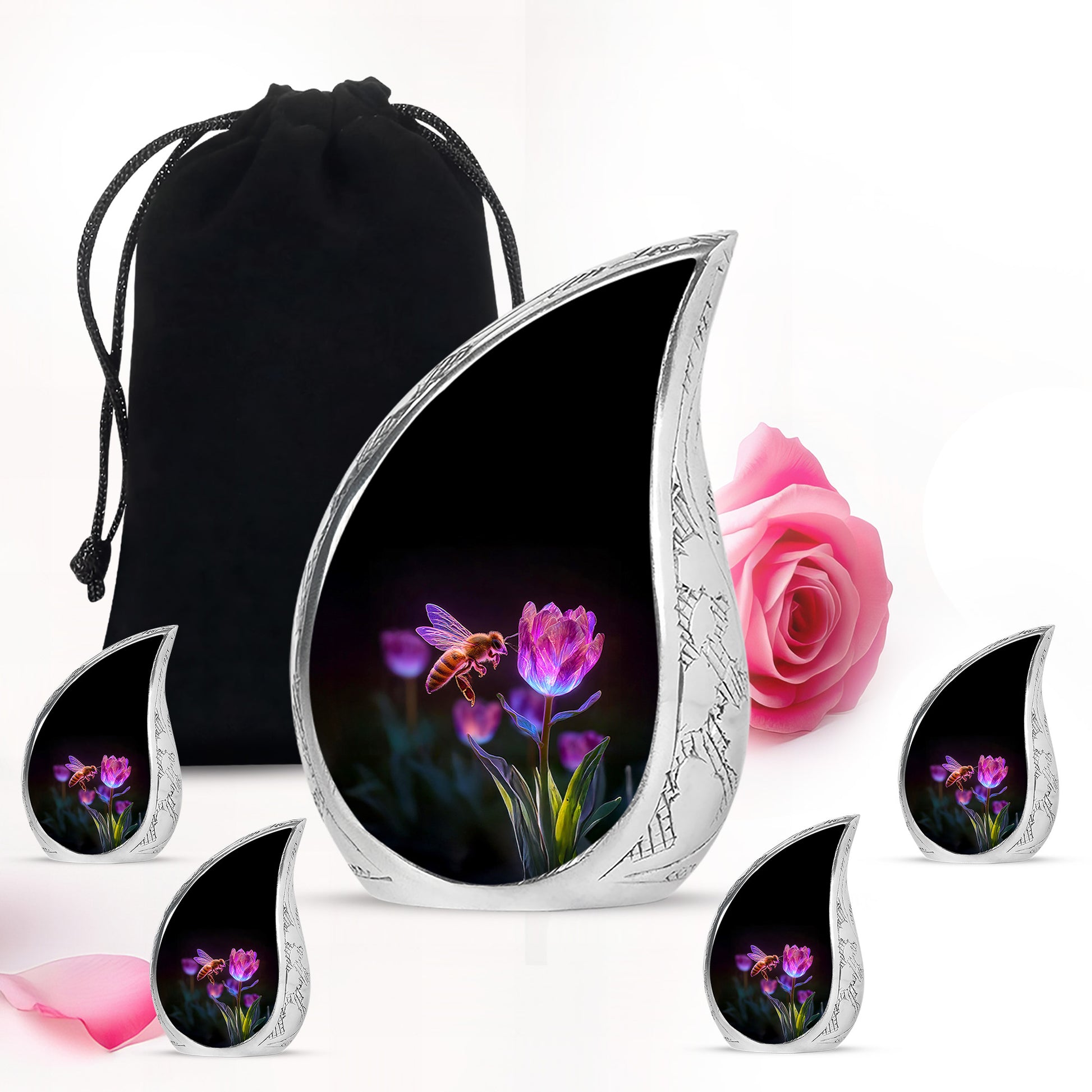 Onyx Black Bee Cremation Urn side profile showing urn shape - smooth teardrop contour featuring bee art - memorial set with one large and four small urns
