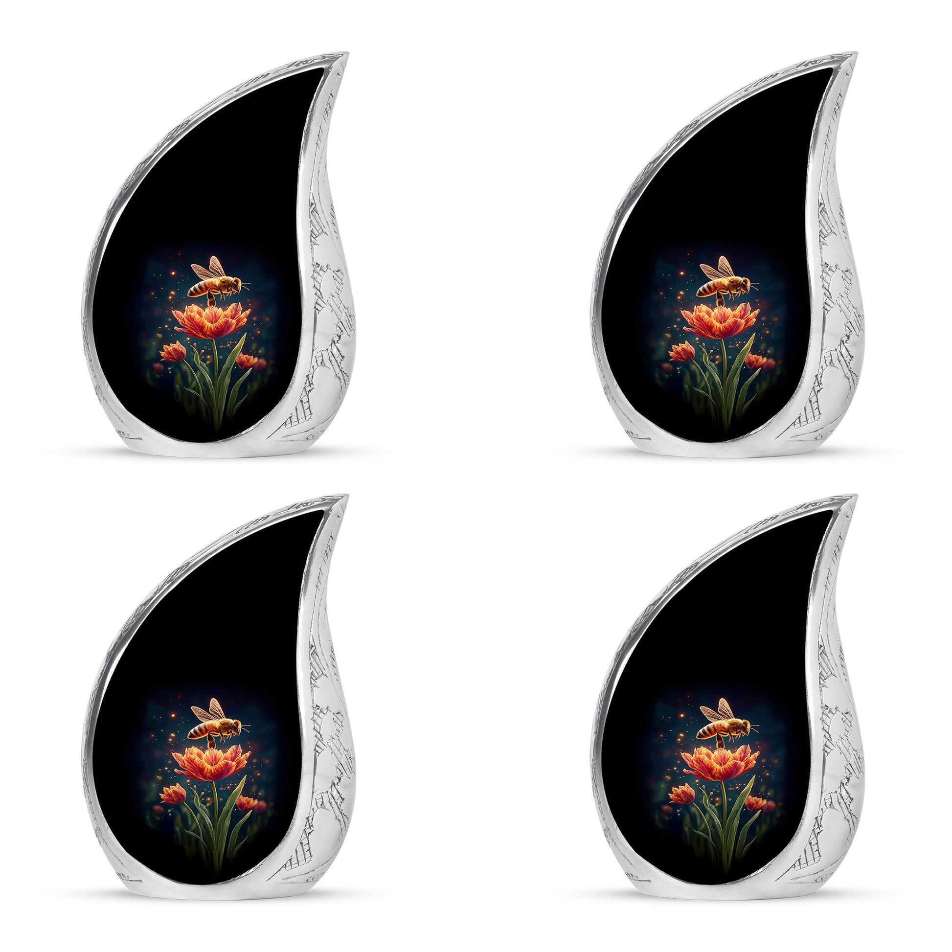 Glossy Black Bee Cremation Urn close-up of engraving and surface detail - flowing teardrop bee silhouette on curved aluminum - 10 inch aluminum urn for cremated remains