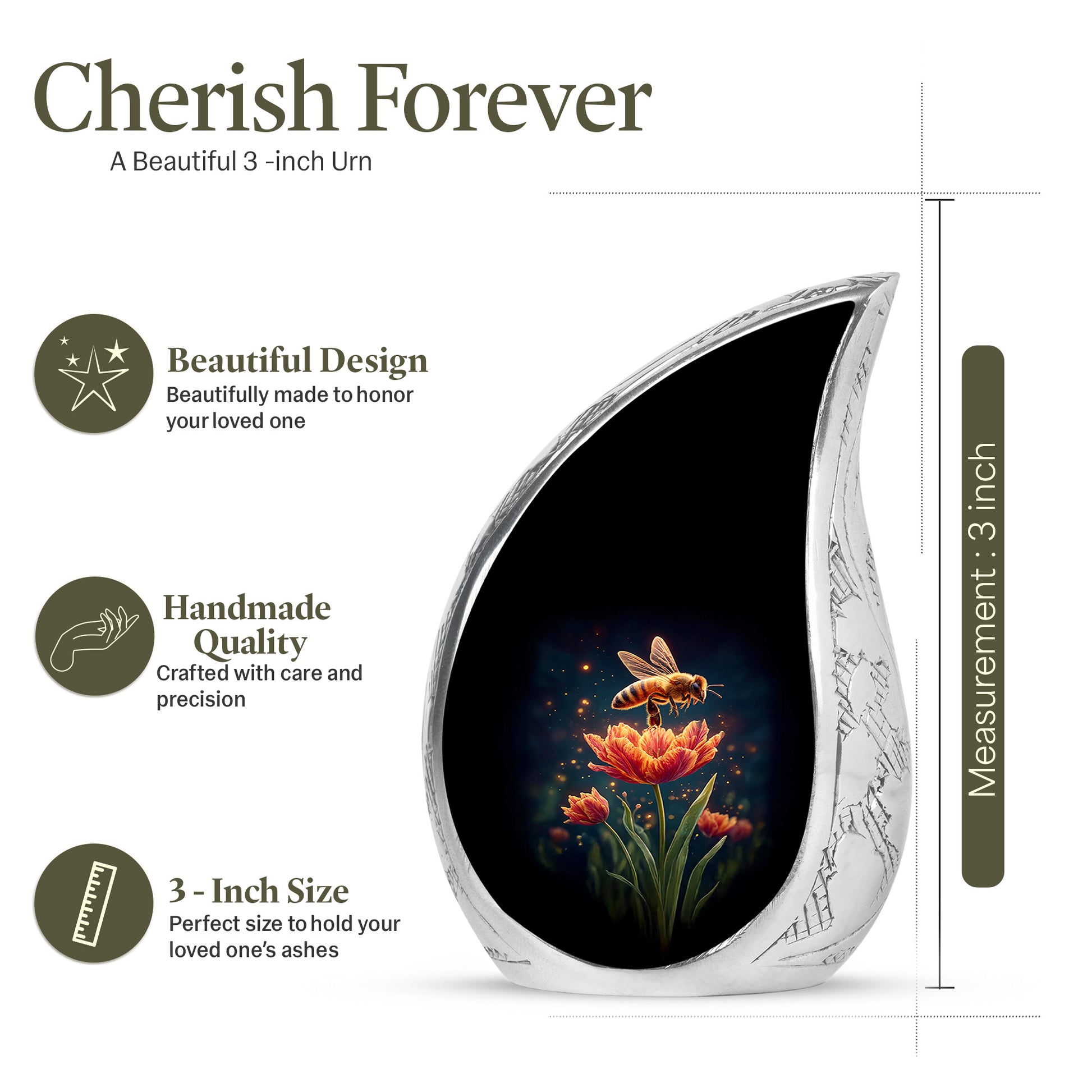 Jet Black Bee Cremation Urn angled view of lid and engraved motif - flowing teardrop bee silhouette on curved aluminum - mini keepsake memorial for portion of cremation ashes