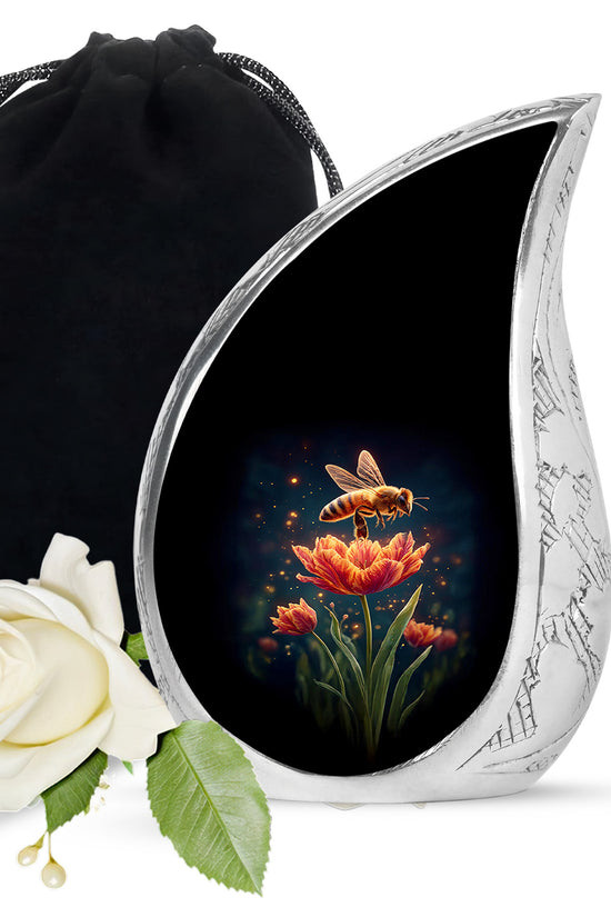 Charcoal Black Bee Cremation Urn front view showing detailed design - graceful tear-shaped urn with bee motif - full-size 10 inch 200 cubic inch adult cremation urn